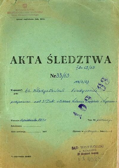 Okładka teczki - akta śledztwa przeciwko ks. Władysławowi Findyszowi IPN-Rz-34/39