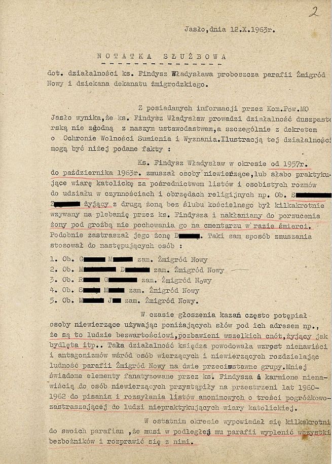 Notatka służbowa sporządzona przez funkcjonariusza KPMO w Jaśle dotycząca działalności ks. Władysława Findysza IPN-Rz-34/39, k. 2, 3