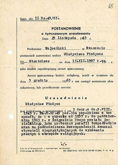 Postanowienie o tymczasowym aresztowaniu ks. Władysława Findysza IPN-Rz-34/39, k. 65