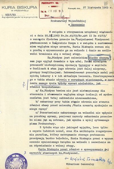 Pismo ks. bp Wojciecha Tomaki do Prokuratury Wojewódzkiej w Rzeszowie IPN-Rz-34/39, k. 77