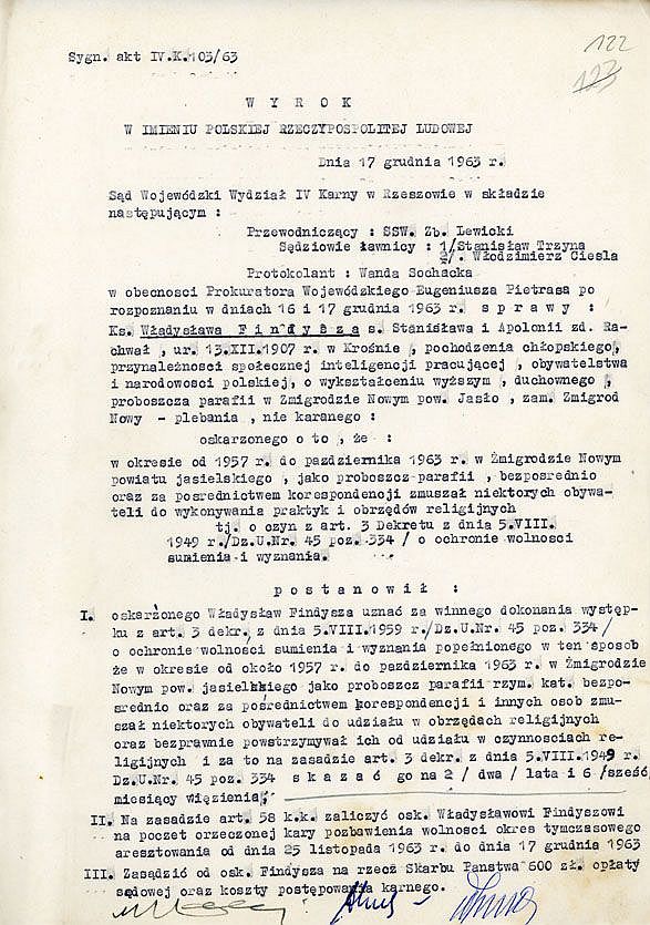 Wyrok Sądu Wojewódzkiego w Rzeszowie skazujący ks. Władysława Findysza na 2,5 roku więzienia IPN-Rz-34/39, k. 122