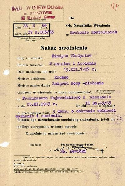 Nakaz zwolnienia ks. Władysława Findysza z więzienia na Montelupich w Krakowie IPN-Rz-34/39, k. 157