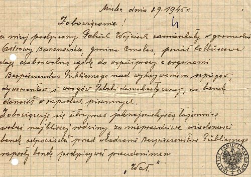 Zobowiązanie do współpracy agenta ps. „Wat” (później „Tor”)