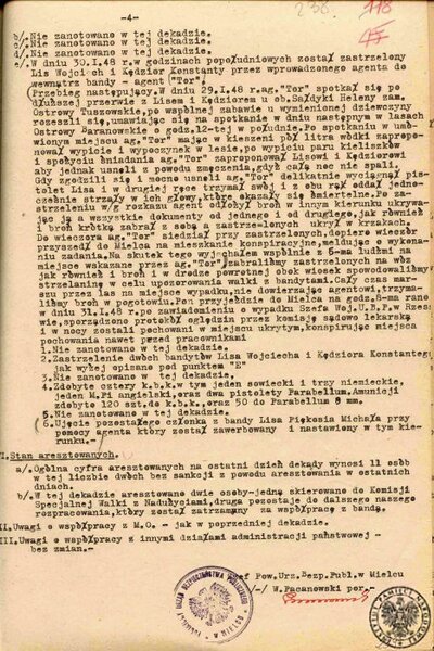 Fragment raportu dekadowego Szefa Powiatowego Urzędu Bezpieczeństwa Publicznego w Mielcu z 9 II 1948 r. zawierający informację o okolicznościach zabójstwa Wojciecha Lisa i Konstantego Kędziora przez agenta ps. „Tor”