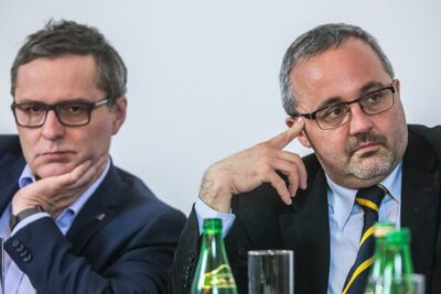 Panel dyskusyjny „Wokół lustracji w Polsce” – Warszawa, 12 kwietnia 2018. Od lewej: Cezary Gmyz, Piotr Gontarczyk. Fot. Sławek Kasper (IPN)