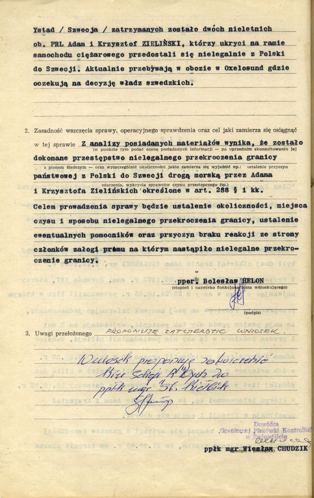 Wniosek o wszczęcie Sprawy Operacyjnego Sprawdzenia kryptonim „TIR”. Świnoujście 22 listopada 1985 r. (IPN Sz 0068/498, k. 5v)