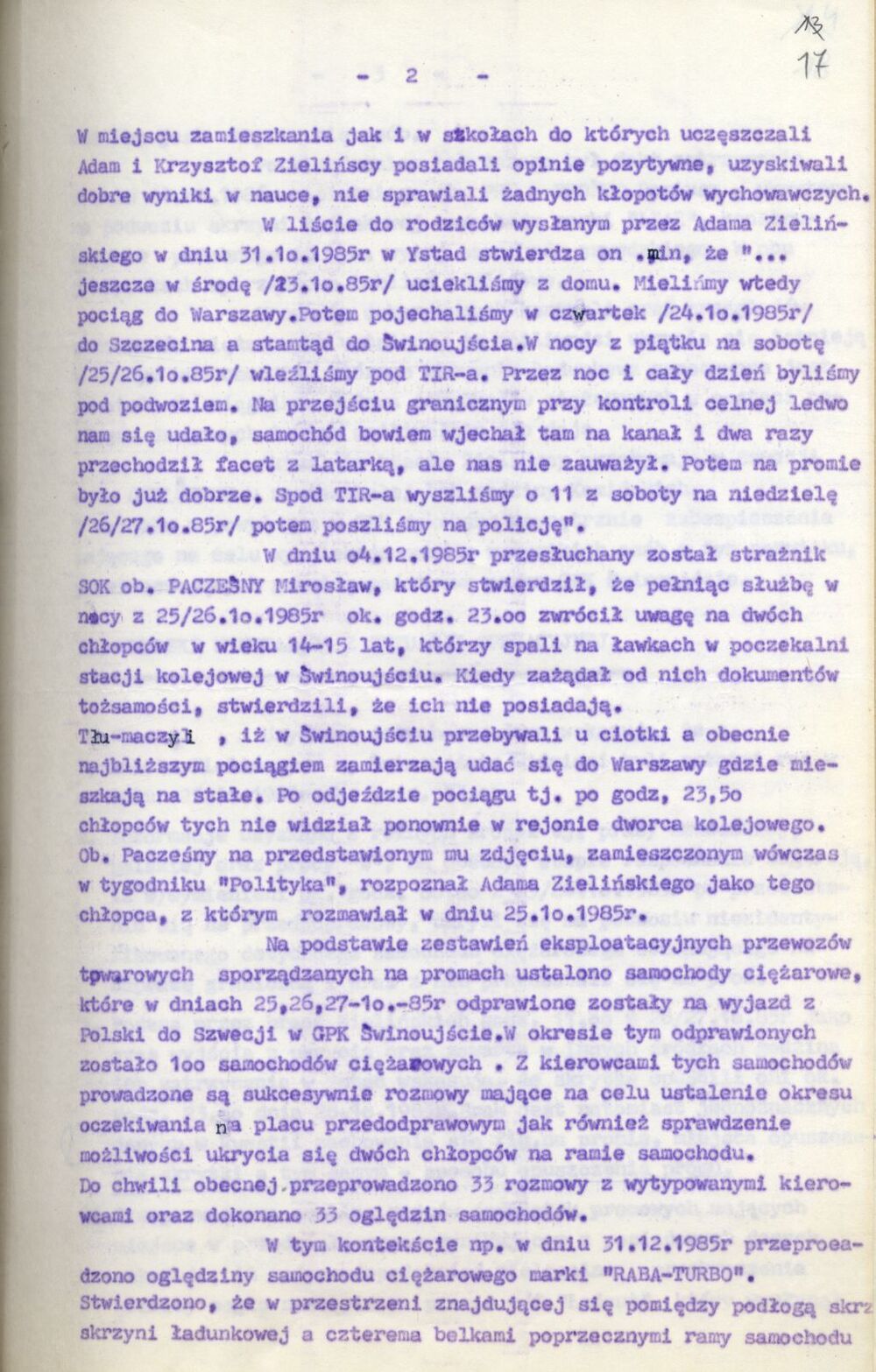 Analiza materiałów w Sprawie Operacyjnego Sprawdzenia kryptonim „TIR”. (IPN Sz 0068/498, k. 17)