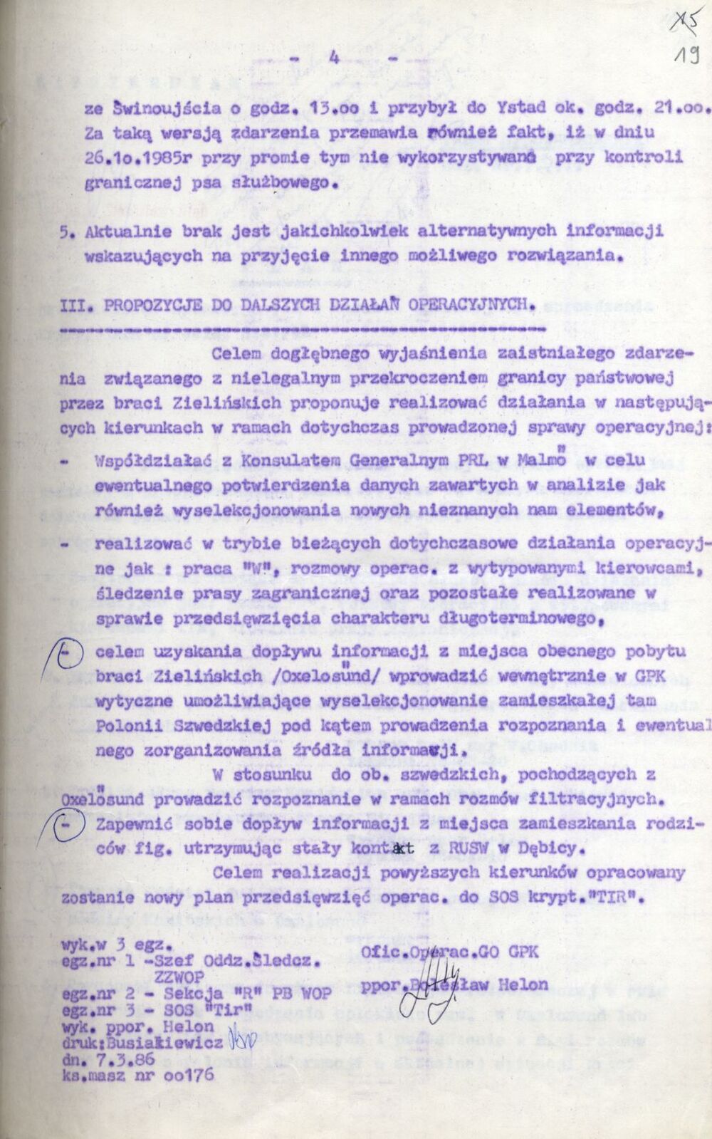 Analiza materiałów w Sprawie Operacyjnego Sprawdzenia kryptonim „TIR”. (IPN Sz 0068/498, k. 19)