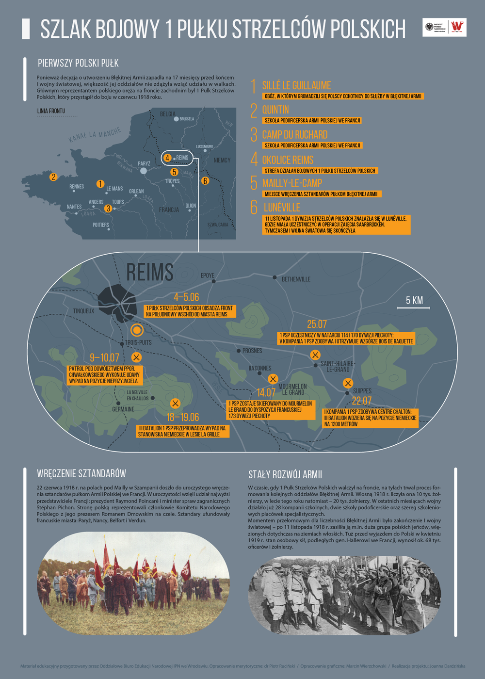 Plakat "Szlak bojowy 1 Pułku Strzelców Polskich", przedstawiający najważniejsze związane z Armią Polską miejsca na terenie Francji, zlokalizowane na mapie główne wydarzenia szlaku bojowego 1 Pułku Strzelców Polskich oraz informacje, związane z rozwojem armii i ceremonią wręczenia jej oddziałom sztandarów.