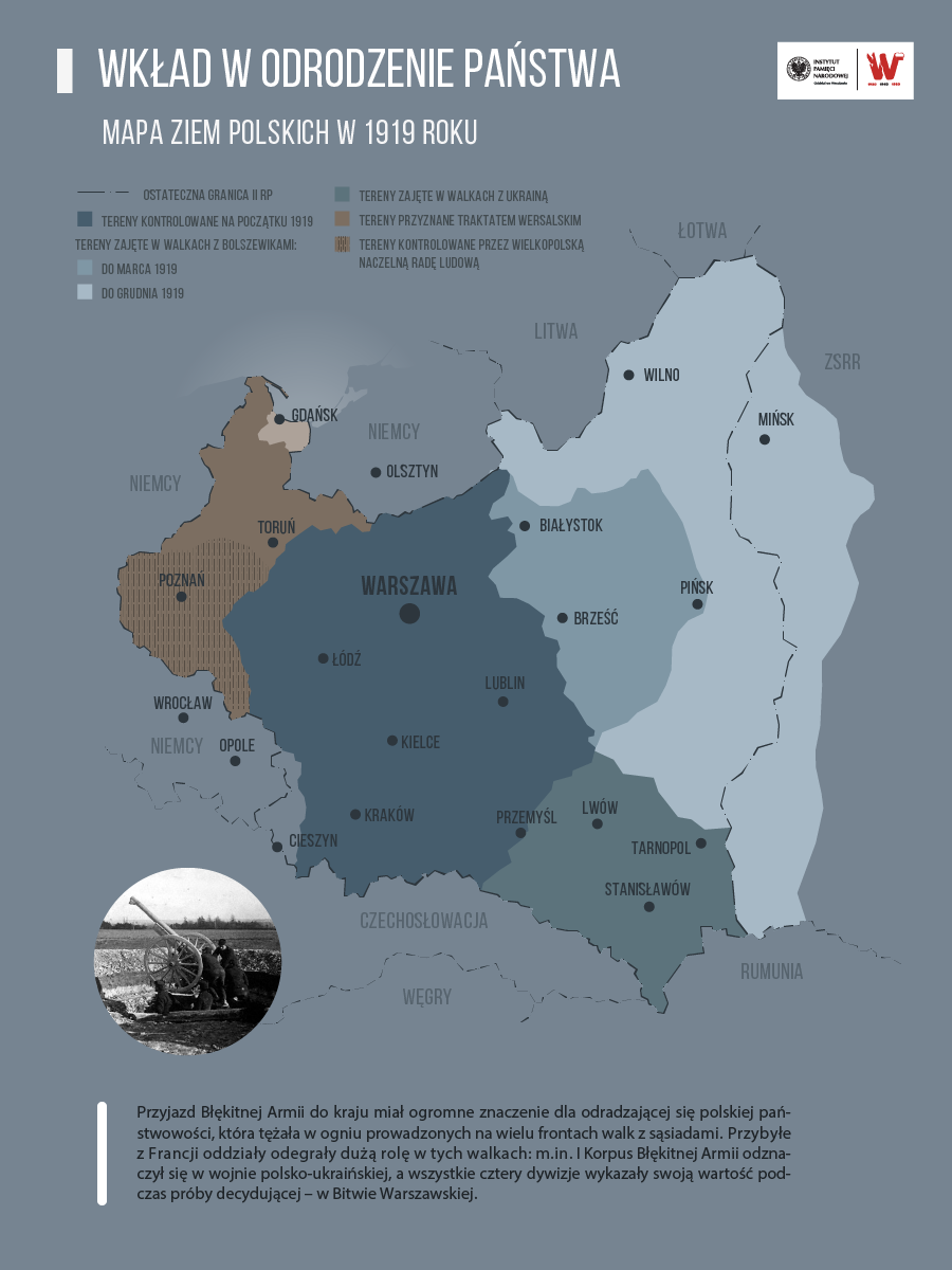 Grafika przedstawia mapkę ziem polskich w 1919 roku, armatę polową kaliber 75 milimetrów oraz tekst, zawierający informacje o udziale dywizji Błękitnej Armii w toczonych przez Rzeczpospolitą w latach 1919–1920 walkach.