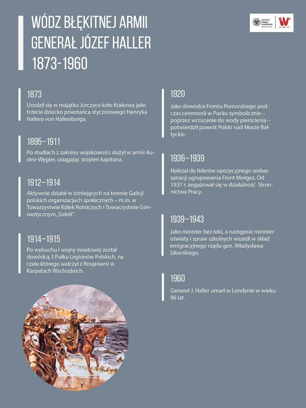 Grafika przedstawia generała Józefa Hallera, dokonującego zaślubin Polski z morzem, oraz tekst poświęcony wydarzeniom z życia bohatera.