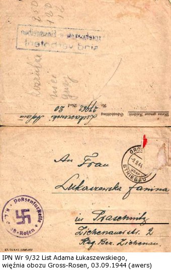List Adama Łukaszewskiego,  więźnia obozu Gross – Rosen