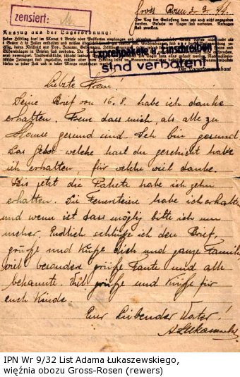 List Adama Łukaszewskiego,  więźnia obozu Gross – Rosen