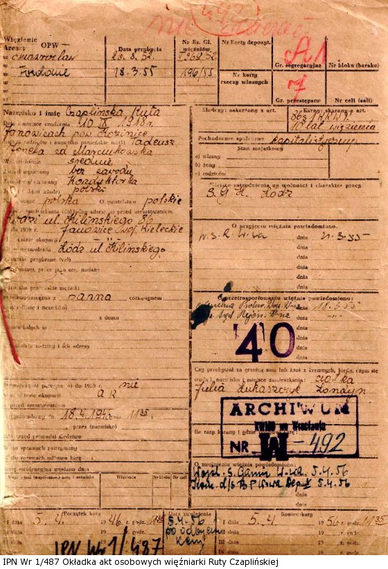 Okładka akt osobowych  więźniarki Ruty Czaplińskiej