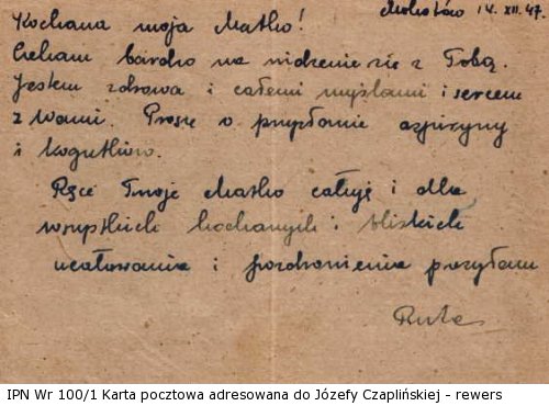 Kartka pocztowa adresowana do Józefy Czaplińskiej, 14.12.1947