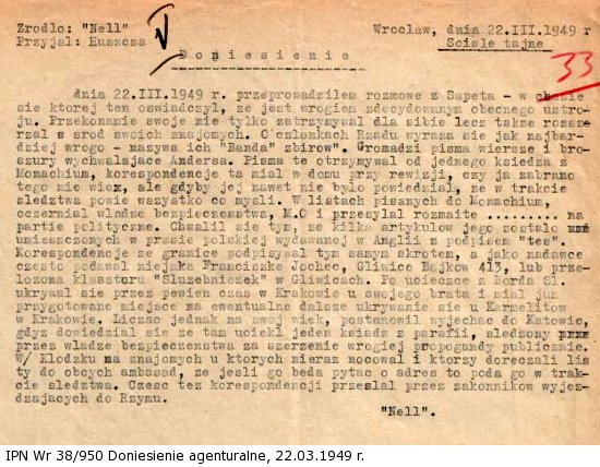 Doniesienie agenturalne, 22.03.1949 r.