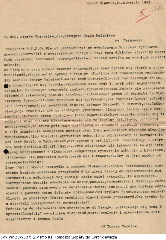 Pismo Ks. Tomasza Sapety do Cyrankiewicza