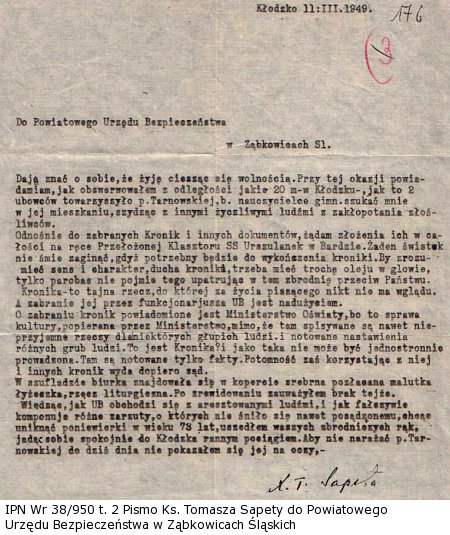 Pismo Ks. Tomasza Sapety do Powiatowego Urzędu Bezpieczeństwa w Ząbkowicach Śląskich