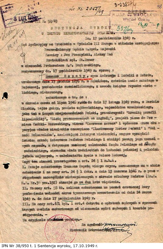 Sentencja wyroku, 17.10.1949 r.