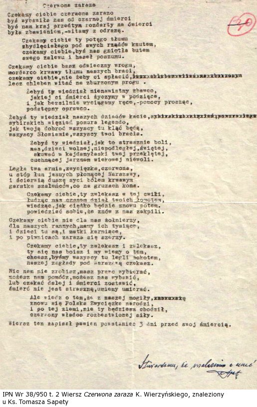 Wiersz „Czerwona zaraza” K. Wierzyńskiego, znaleziony u Ks. Tomasza Sapety