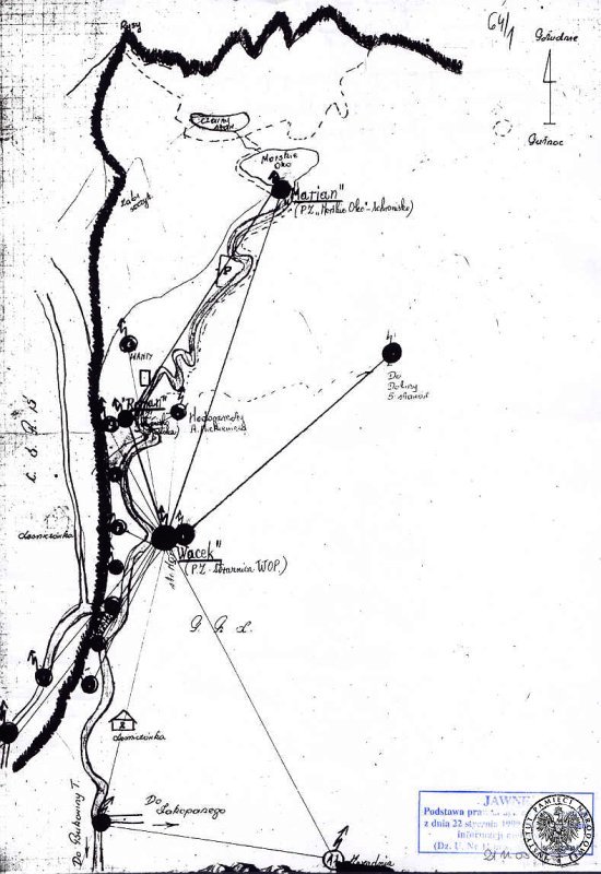 Wycinek szkicu zabezpieczenia granicznego w okolicach Morskiego Oka w Tatrach z maja 1969 r.